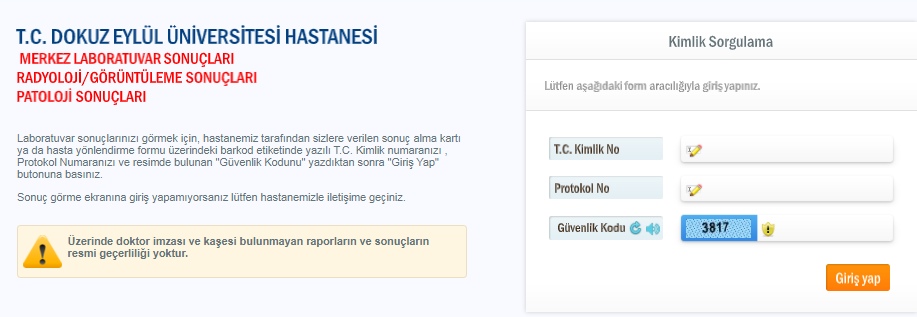 Dokuz Eylül Üniversitesi Tahlil Sonuçları Sorgulama